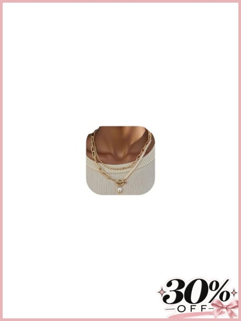 14K Gold Plated Pearl Link Chain Layered Pendant Necklace Toggle Clasp